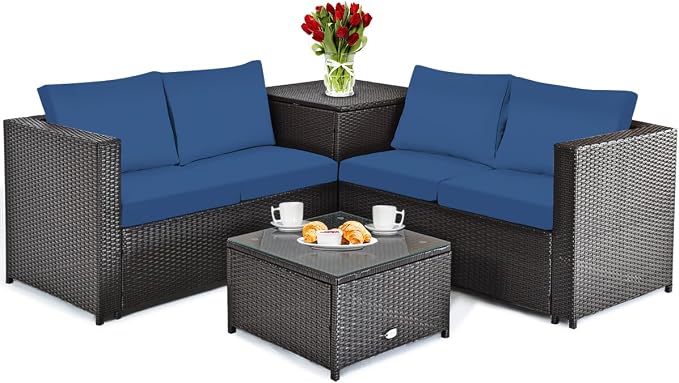 DORTALA 4-Piece Outdoor Patio Furniture Set, Weather Resistant PE Rattan Conversation Set with 2 Loveseats, Outdoor Sectional Sofa Set with Comfy Cushions for Garden and Poolside, Navy