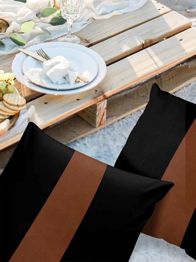Outdoor Waterproof Throw Pillow Covers Set of 2 Brown Black Pillowcases 24x24 Inches Boho Style Patio Decorative Pillows Cushion Case Patio Pillows for Couch Bed Chair Garden