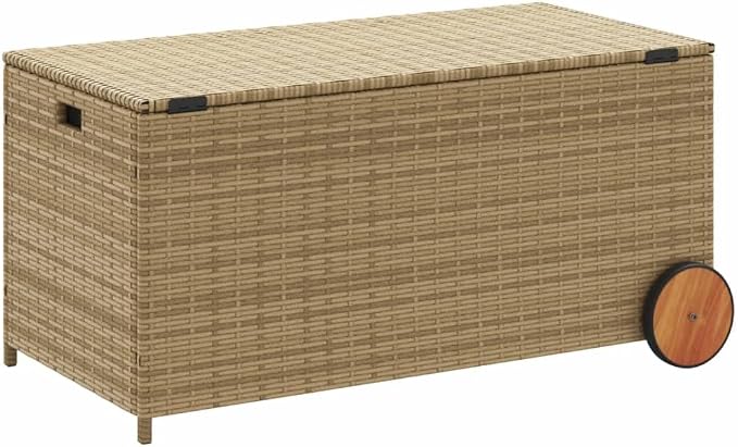 Large Beige 190L Wheeled PE Rattan Garden Storage Box 21.7x42.1x20.9 in, UV Resistant Outdoor Patio Deck Box for Cushions, Tools & Toys
