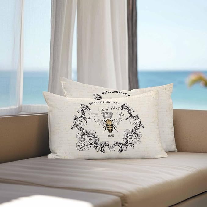 Sweet Honey Bees Outdoor Pillow Covers Pack of 2 Bees Farmhouse Retro Texture Waterproof Throw Pillow Covers Decorative Cushion Cases for Patio Garden Tent Balcony Couch 20x12 inch