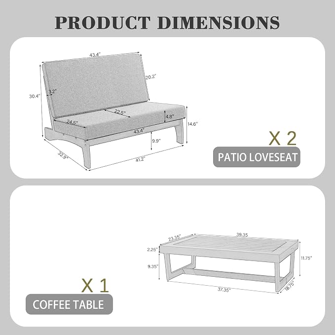 Black Wood Patio Furniture Sets, 3 Pieces All Weather Patio Loveseat Sofa Outdoor Sectional Futniture Backyard Conversation Set with Solid Wooden Coffee Table - Dark Gray