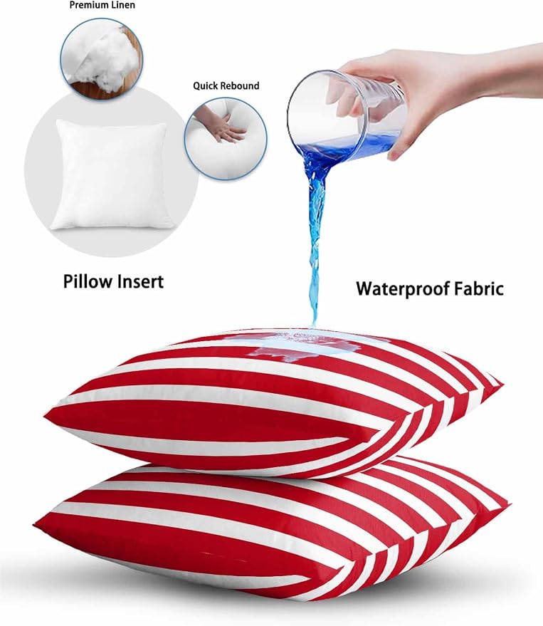 Waterproof Outdoor Pillow Set of 2 Red Stripes Decorative Throw Pillows Cover & Insert 16x16 Inch Pillowcase Classic Striped Lines Square Pillows for Couch Sofa Bed Patio Furniture Indoor Outdoor