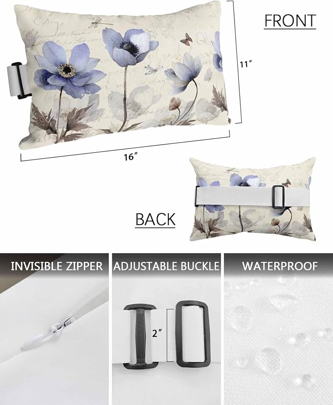 PIEPLE Blue Flower Outdoor & Indoor 11x16 inches Rectangular Headrest Pillow, Polyester Fill, Waterproof, UV-Resistant