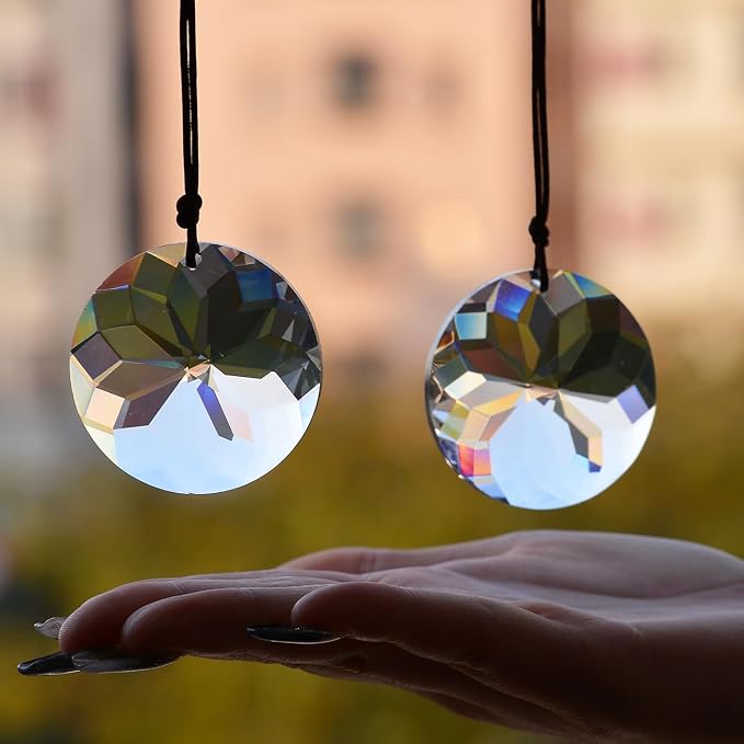 2PCS Circle Crystal Suncatcher Prisms for Windows (Circle Clear) | Clear, K9 Glass, Rainbow Maker, with Hooks & Cord