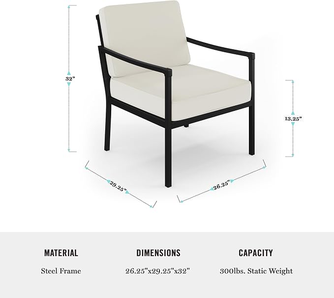 Martha Stewart Lily Pond 4-Piece All-Weather Conversation Set with Patio Loveseat, 2 Accent Chairs, and Coffee Table with Steel Frames in Black with Cream Cushions
