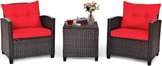 DORTALA Wicker Patio Furniture Set 3 Piece, Outdoor Table and Chairs with Tempered Glass Tabletop, Cushions, Small Rattan Conversation Sofa Set for Balcony, Porch, Backyard, Deck, Red