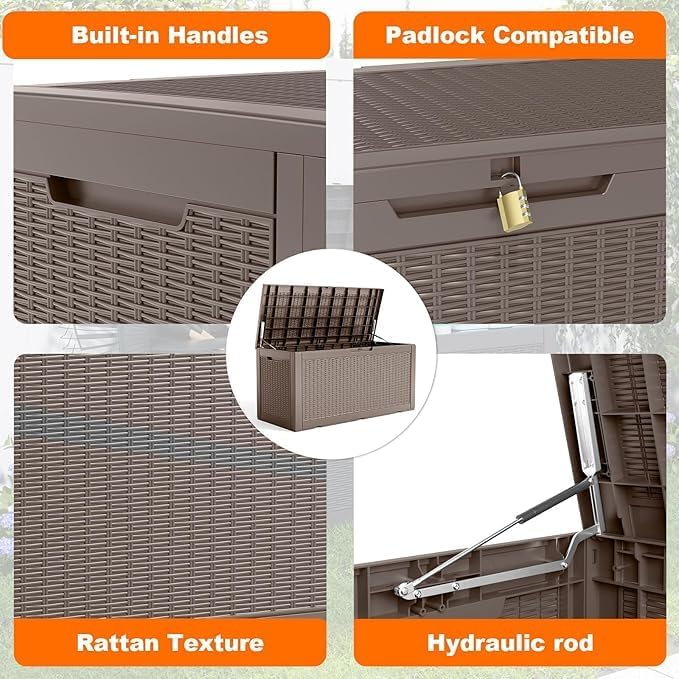 PatioZen 120 Gallon Deck Boxes Outdoor Waterproof, Weatherproof Outdoor Storage Boxes Lockable for Patio Furniture, Pool Supplies,Garden Tools(Grey)