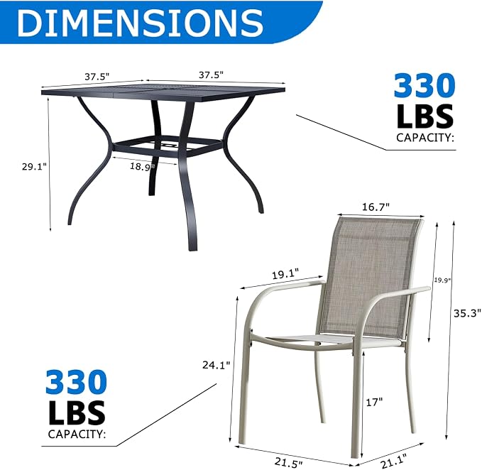5-Piece Outdoor Dining Set, Square Metal Table with Grey Chairs, Black Patio Table with Umbrella Hole for Garden, Yard, Patio