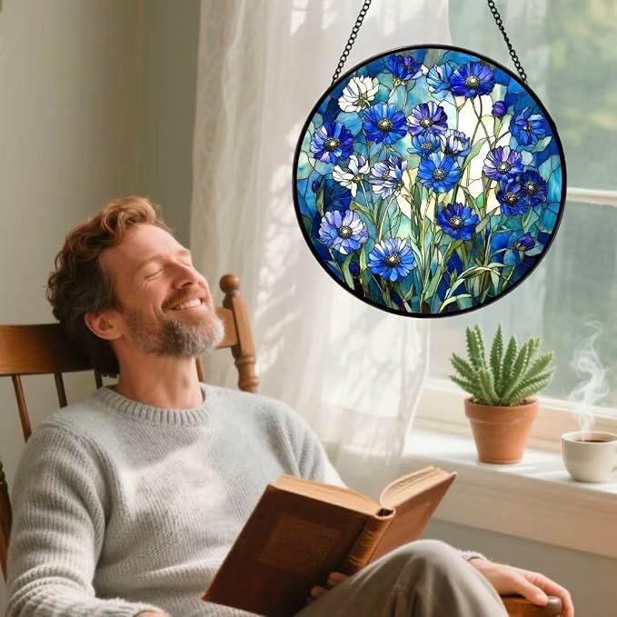 Stained Glass Window Hanging - Blue Floral Pattern 7.8 Inches Suncatcher for Garden Home Decor for Women Mon Grandma Friends