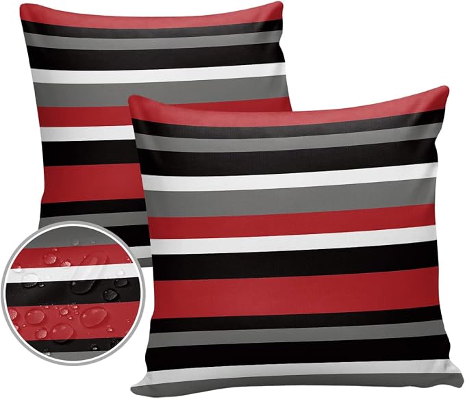 Vandarllin Outdoor Throw Pillows Covers 20X20 Set of 2 Waterproof Simple Stripe Decorative Zippered Lumbar Cushion Covers for Patio Furniture, Red and Black Geometric Pattern