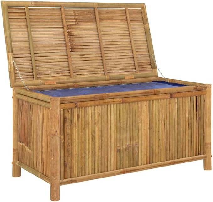 Bamboo Outdoor Storage Box 43.3x20.5x21.7 Inches, Patio Garden Bench with Waterproof Liner, Multi-Functional Deck Box for Cushions, Tools, Blankets, Indoor and Outdoor Use, Durable Ventilated Design