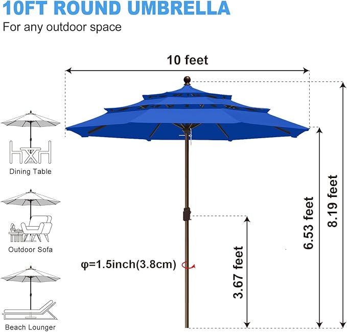 Eurmax USA 10-Year-Non-Fading 10FT 3-Tier Outdoor Patio Market Umbrella,UPF50+ UV Resistant,Heavy Duty Commercial Grade,Crank Lift Design,Windproof Vented Top for Garden,Pool,Deck,Pacific Blue
