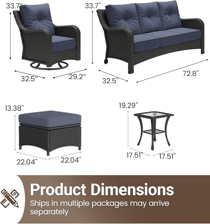 7 Pieces Outdoor Furniture Set with 6-inch Cushions, High Back Wicker Swivel Rocker Chairs with Coffee Table, Luxury Conversation Set for Deck Patio and Poolside