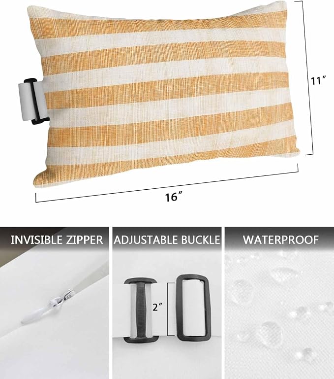 Pack of 2 Outdoor Lumbar Pillow Covers 11x16 Inch, Burnt Orange Striped Waterproof Throw Pillow Covers Set, Farmhouse Vintage Stripes Indoor&Outdoor Decorative Cushion Cases for Patio Porch Beach