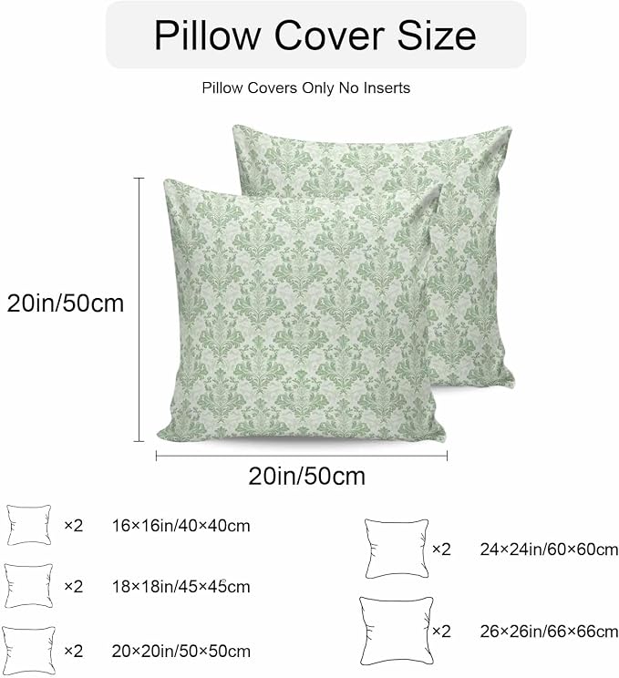 Green Scroll Floral Waterproof Outdoor Pillow Covers Set of 2 Home Decor, Baroque Damask Medallion Pattern Pillowcase Patio Pillow Covers for Couch Bench Furniture Garden 16x16in