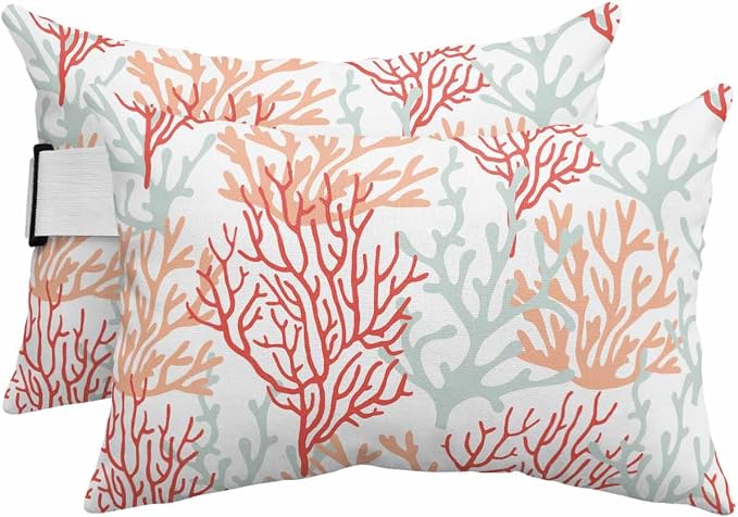 Orange Sea Coral Outdoor Beach Chair Pillow Headrest for Chaise Lounge Chair, Recliner Head Pillow Waterproof Pillowcases with Elastic Band & Inserts 11x16(2 PCS) Ocean Summer Beach Red Grey White