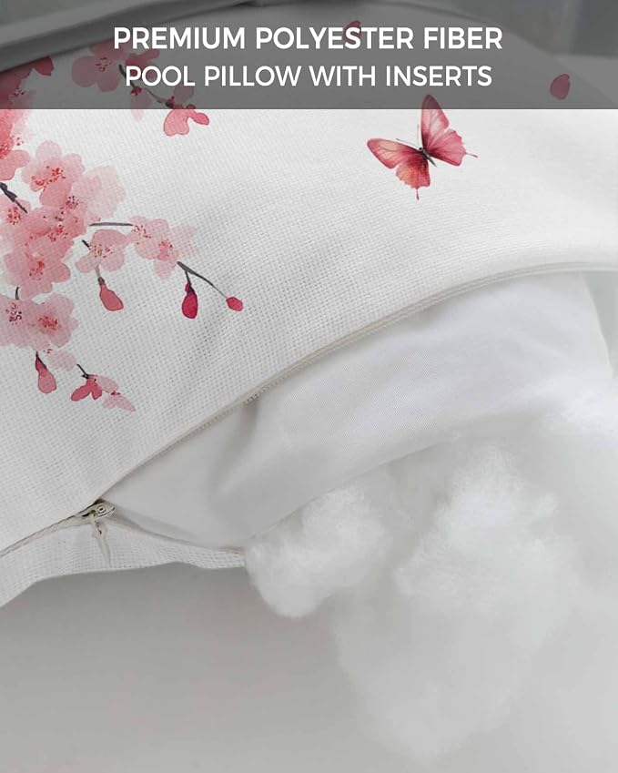 Outdoor Lumbar Cushions with Inserts, Pink Peach Blossoms Flowers Branches Butterflies Waterproof Fluffy Fade Body Pillows, Patio Furniture Pillow for Home Balcony Garden Decor 11x16IN