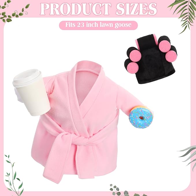 Shyyween Lady Porch Goose Outfits for 23'' Cement Plastic Geese Summer Statue Clothes Pink Bathrobe Coffee Cup Curlers for Outdoor Garden Lawn Yard Patio Decoration