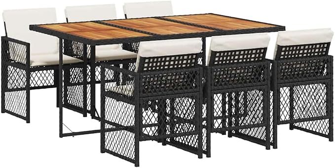7 Piece Garden Dining Set, Outdoor Patio Furniture with Rectangular Acacia Wood Top Table and 6 Foldable PE Rattan Chairs, Black Wicker Dining Set for Backyard
