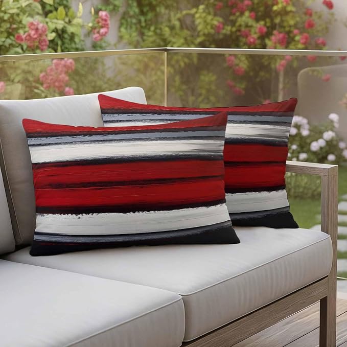 Red and Black Strip Outdoor Pillow Covers 20"x12" Set of 2, Classic Modern Art Waterproof Throw Pillow Covers for Patio Furniture, Decorative Cushion Covers for Porch