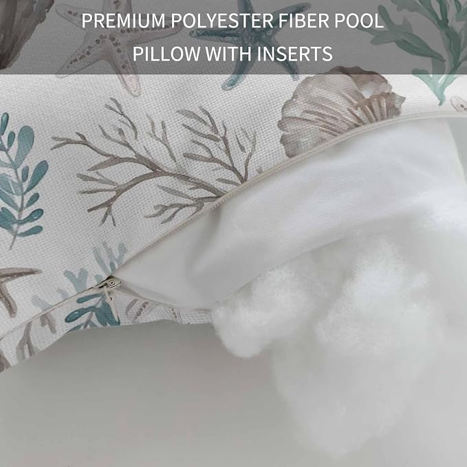 Teal Coastal Outdoor Pillows with Insert 11x16 Inch Summer Starfish Shell Coral Nautical Waterproof Headrest Pillows with Adjustable Strap Lounger Chair Throw for Patio Furnitures, 1 Pack