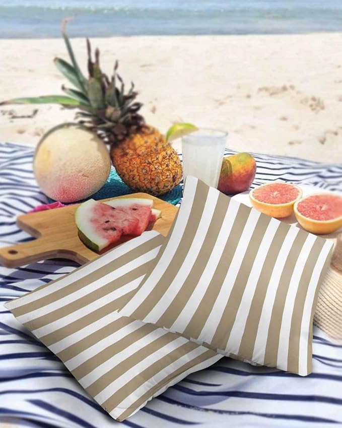Outdoor Waterproof Throw Pillow Covers 24x24in, Geometric Line Cushions for Garden Patio Furniture Chairs Set of 2, Khaki White Home Decor Couch Sofa Polyester Pillow Cases