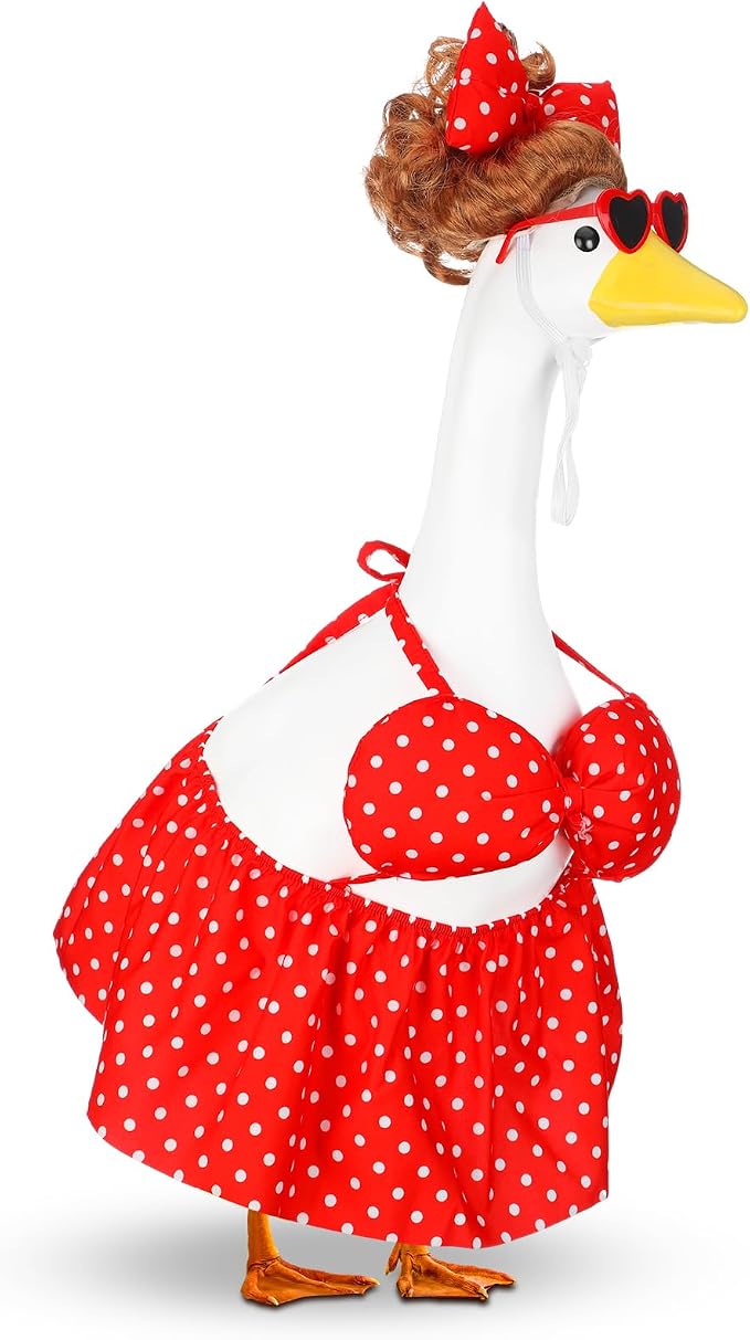 Abbylike Summer Bikini Porch Goose Outfit Red Polka Dot Bikini Yard Goose Hawaiian Clothes with Sunglasses and Curls Wigs Fits Large 23'' H Cement for Outdoor Garden Patio Pathway Statue Art Decor