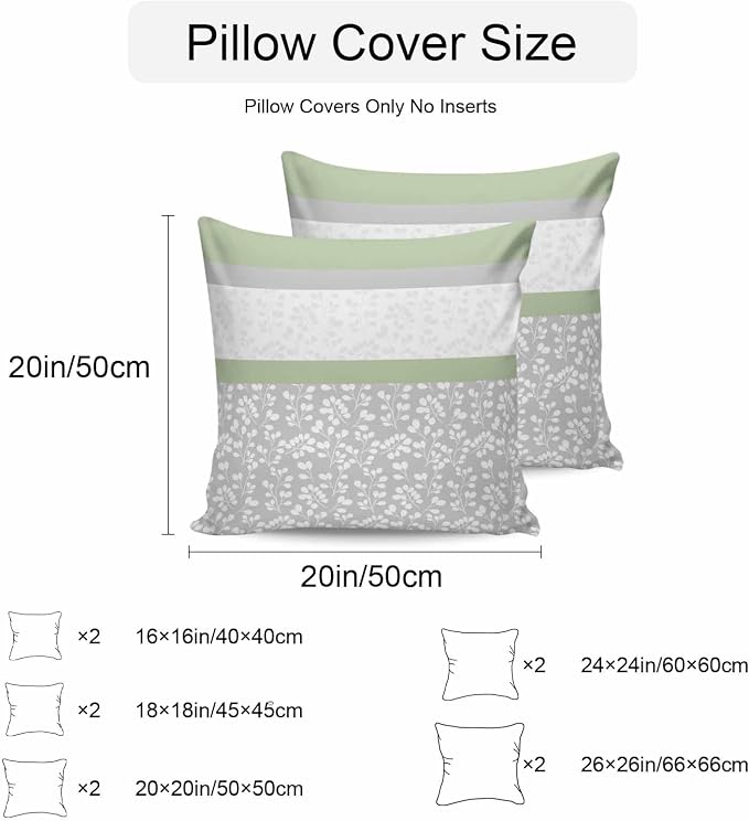 Farmhouse Flower Design Outdoor Pillow Covers 18x18in Pack of 2 Waterproof Pillowcase Green Grey White Stripe Stitching Decorative Throw Cushion Case for Patio Couch Sofa