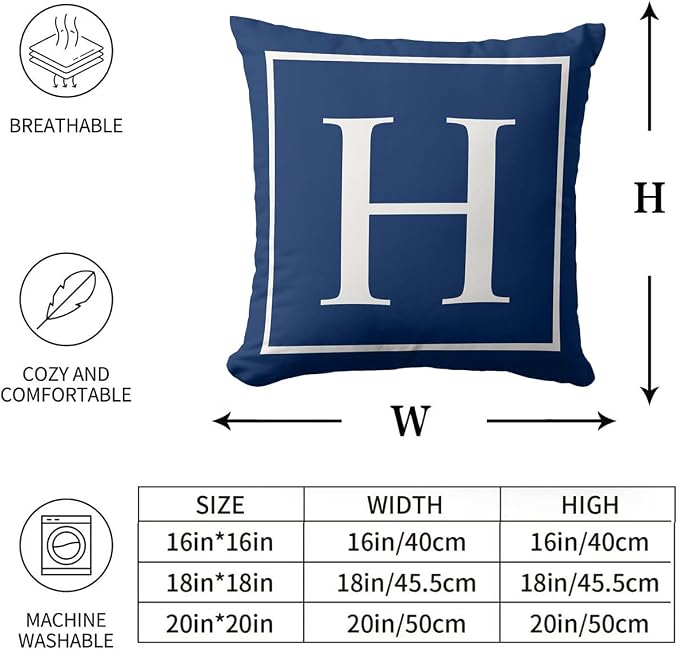 Monogram Initial Elegant Classy Blue Outdoor Pillow Covers 20 x 20inches Decorative Pillow Case for Sofa Couch Bed (Pillow Insert Not Include)