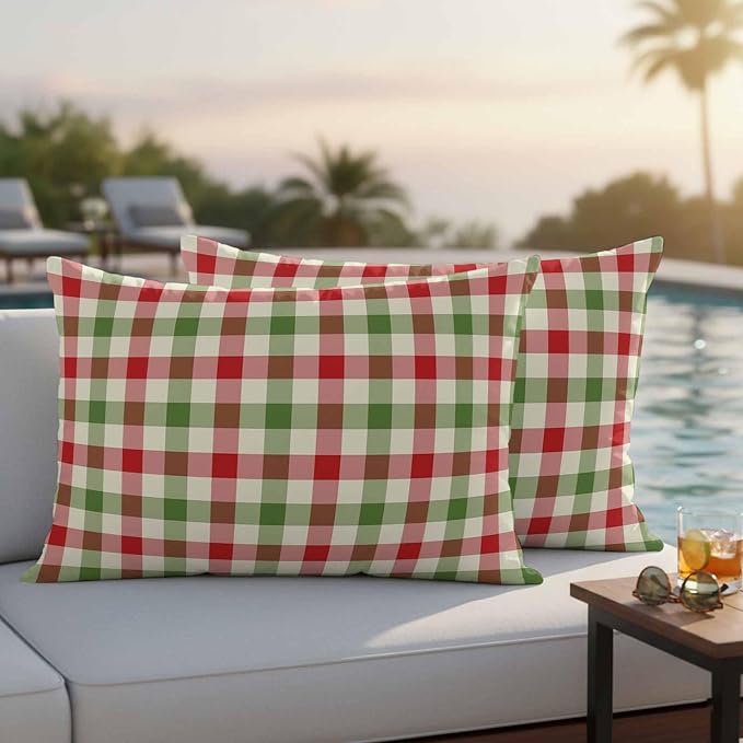 Outdoor Throw Pillow Covers,Vintage Pastoral Red Green Buffalo Gingham Waterproof Decorative Pillowcases Cushion Cover Christmas Plaid Pillow Cases for Patio Couch Sofa Bed,20x12in Set of 2