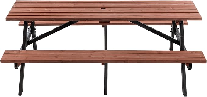 75'' Rectangular Outdoor Dining Table Wooden Patio Dining Table & 2 Built-in Bench for 8, 2" Umbrella Hole, Suitable for Picnic Backyard Garden Porch, Wood Brown