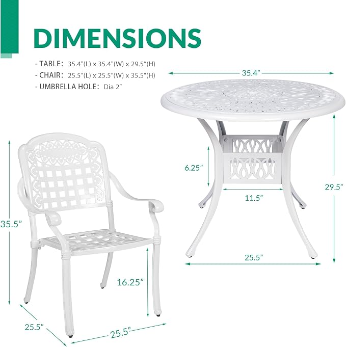 VIVIJASON 5-Piece Outdoor Patio Furniture Dining Set, All-Weather Cast Aluminum Conversation Set, Include 4 Chairs and 38.5" Round Table w/Umbrella Hole for Balcony, Lawn, Garden, Backyard, White