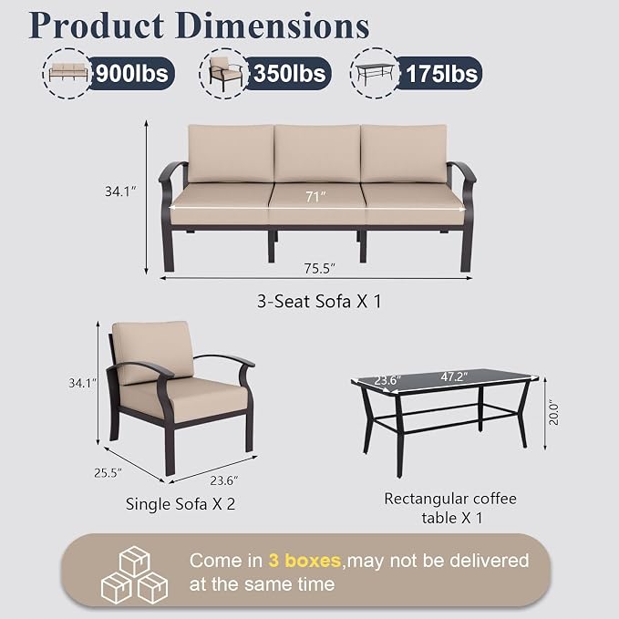 ALAULM Aluminum Patio Furniture Set with Coffee Table Rectangular，5-seat Outdoor Sectional Furniture w/5.1" Cushions，Patio Conversation Set for Porch, Backyard, Poolside-Sand