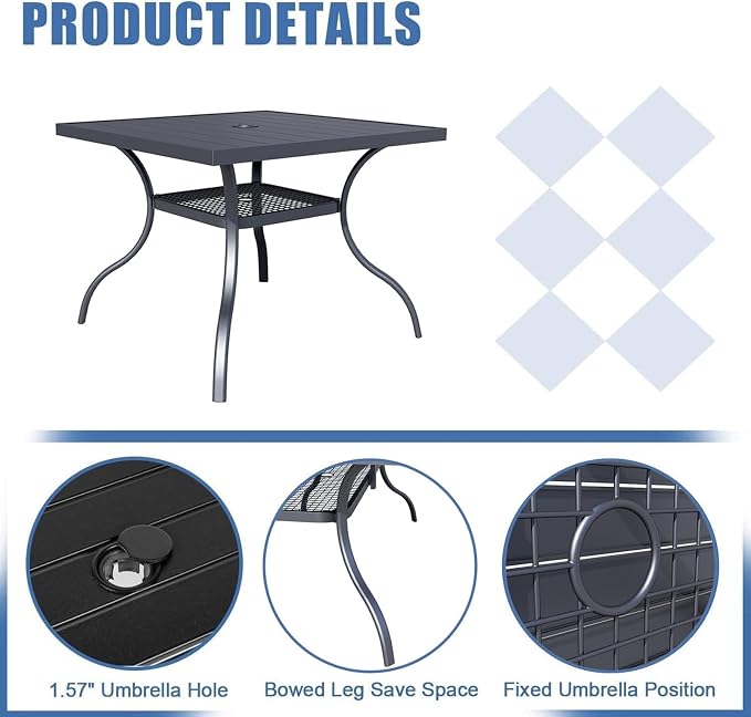 Crownland 5 Piece Patio Dining Set, 4 Stackable Metal Chairs and Square Outdoor Dining Table with 9FT Round Khaki Outdoor Umbrella, Metal Tabletop