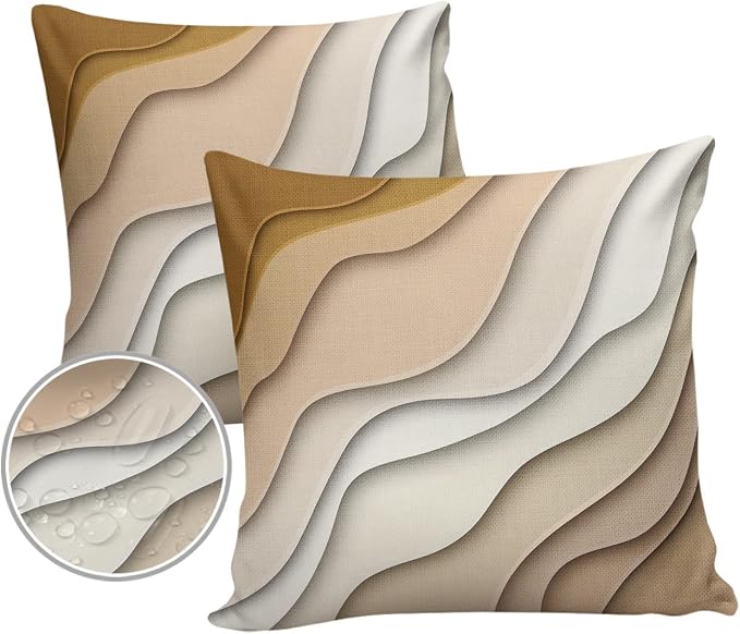 Outdoor Waterproof Pillow Covers for Patio Furniture Brown Modern Geometric Decorative Throw Pillow Cover Abstract Beach Wave Pillowcases Set of 2 Cushion Case for Sofa Couch 20 x 20 Inches