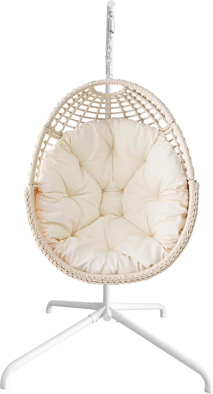 Eremi Hanging Egg Chair with Stand, Indoor Outdoor Wicker Rattan Swing Hammock Chair for Patio Porch Bedroom, Beige Cushioned Lounge Chair, 400 LBS Capacity