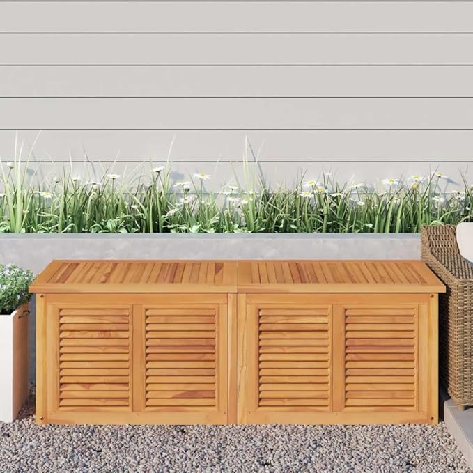 Outdoor Garden Storage Box, Large Teak Wood Deck Bin with Louvered Doors, Waterproof Patio Tool Organizer for Cushions, Brown, 59.1 x 19.7 x 21.7 Inches