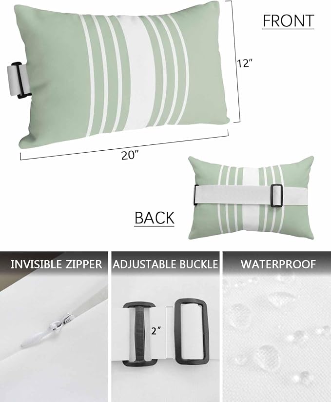 Chaise Lounge Chair Pillow with Strap & Insert Sage Green Vertical Stripes Outdoor Recliner Head Pillow Pack of 2 Classic Striped Waterproof Headrest Patio Lumbar Pillow for Beach Office Chair 12x20