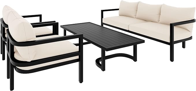VilroCaz 4-Piece Outdoor Steel Sofa Set, All Weather Patio Conversation Set with 1 Love Sofa, 2 Single Sofas, Coffee Table, Waterproof Cushions, Suitable for Backyard, Poolside Gardens (Beige-Z)