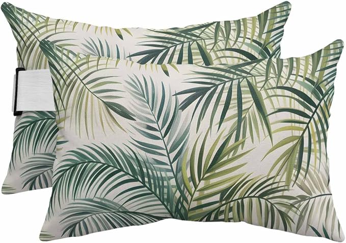 Outdoor Lumbar Pillows with Strap & Insert Green Palm Leaves Recliner Head Pillow Pack of 2 Tropical Leaf Plant Waterproof Headrest Patio Lounge Chair Pillows for Beach Pool Office Chaise Chair 11x16