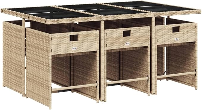 7-Piece Patio Dining Set with Cushions Beige Poly Rattan Outdoor Furniture Set for Garden Backyard Balcony Porch Includes Tempered Glass Table & Foldable Chairs
