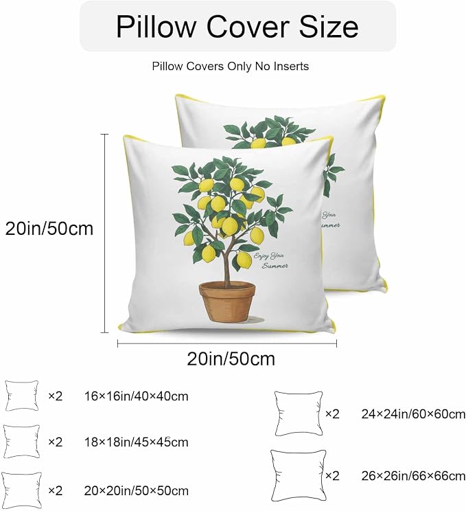 Summer Yellow Lemons Outdoor Waterproof Pillow Covers Set of 2, Green Leaf Botanical Garden Frame Pillowcase Decorative Throw Cushion Cases for Patio Garden Couch 26 x 26 Inches