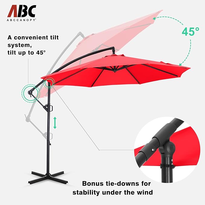 ABCCANOPY 10FT Cantilever Patio Umbrella with base included, 360° Rotation Outdoor Offset Umbrella for Backyard, Deck, Poolside (Red)