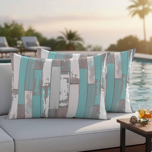 Turquoise Gray Outdoor Pillow Covers 20x12 Inch Lumbar Pillow Covers Set of 2 Waterproof Decorative Throw Pillow Cases Country Retro Mottled Texture Wood Grain Cushion Covers for Patio Furniture