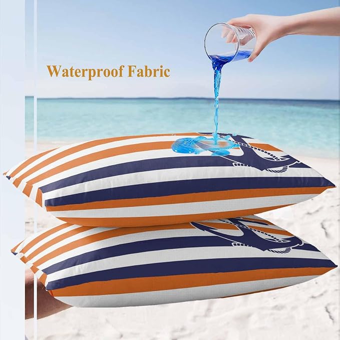 Lumbar Pillow Covers 20x12 Inch Set of 2, Anchor Orange Waterproof Outdoor Cushion Covers, Modern Navy Blue White Striped Nautical Decorative Pillowcases for Couch, Sofa, Bed, Garden, Patio