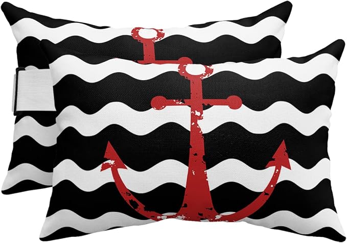 Recliner Head Pillow Lounge Chair Pillows with Insert Red Nautical Anchor Navy Blue Wavy Stripes Lumbar Pillow with Adjustable Strap Outdoor Waterproof Patio Pillows for Beach Pool, 2 PCS