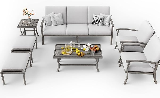 HAPPATIO 7 Piece Aluminum Patio Furniture Set, 3-Seat Outdoor Ottomans and Armchairs, Outdoor Sectional Sofa with Side Table and Coffee Table, Garden Conversation Set for Lawn Deck (Gray)