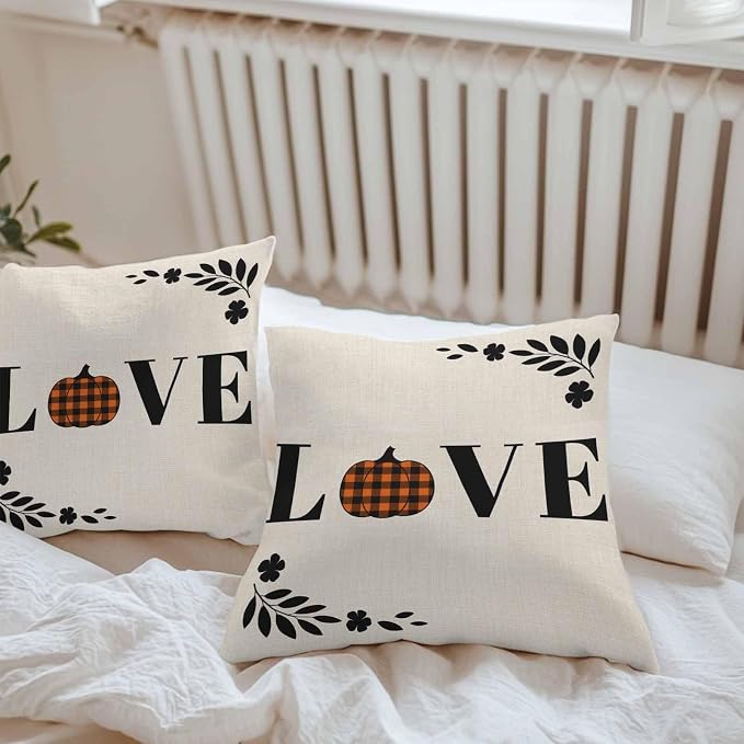 Orange Pumpkin Outdoor Waterproof Pillow Covers, Fall Leaves Love Heart Beige Pastoral Decorative Square Throw Pillowcase Sofa Cushion Sham for Patio/Couch/Chair, 24"x24" 2 Pack