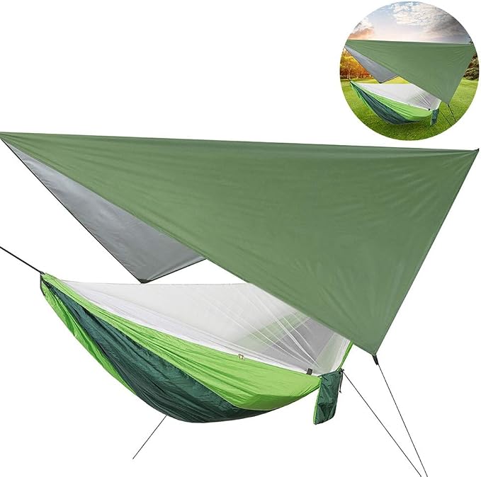 Portable Hanging Camping Hammock with Net and Rain Canopy, Outdoor Hammock for Courtyard Garden Beach Travel, 210T Nylon Hammock with Steel Buckles for 2 Persons