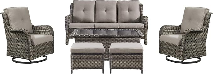 Rilyson Wicker Patio Furniture Set - 6 Piece Rattan Outdoor Sectional Conversation Sets with 2 Swivel Rocking Chairs,2 Ottomans,1 Sofa and 1 Coffee Table for Porch Deck Garden(Mixed Grey/Grey)